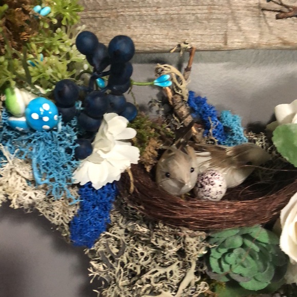 New Cottage core spring summer burlap wreath succulent mushroom, bird nest - Picture 2 of 11